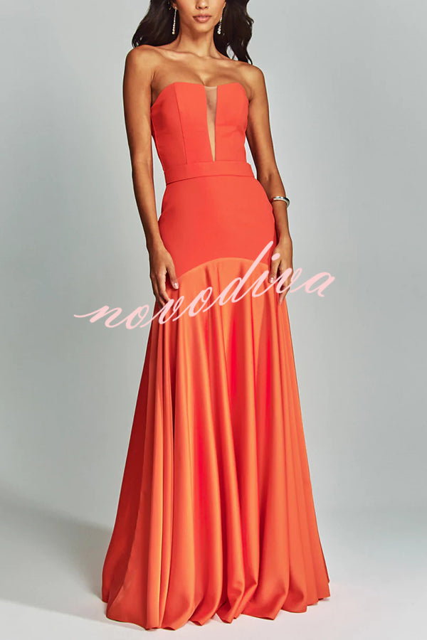 Mermaid Style Off Shoulder Sheer V-neck Satin Hem Party Maxi Dress