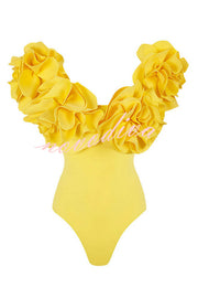 Solid Color 3D Flower Stretch One-piece Swimsuit