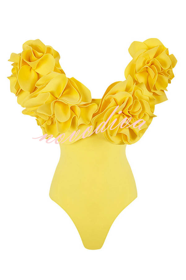 Solid Color 3D Flower Stretch One-piece Swimsuit