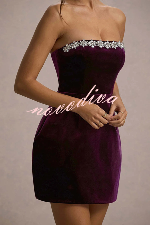 Effortlessly Elegant Velvet Jewel Embellished Trim Bandeau Mini Dress