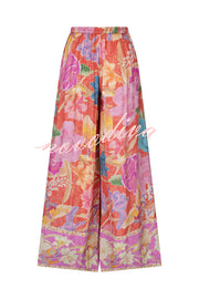 Painter's Garden Boho Floral Print  Elastic Waist Pocketed Wide Leg Pants