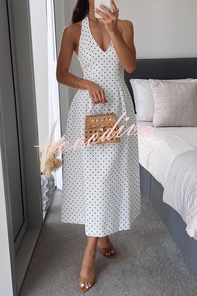 Classic Polka Dot Print Halter Tie-up Umbrella Hem Midi Dress