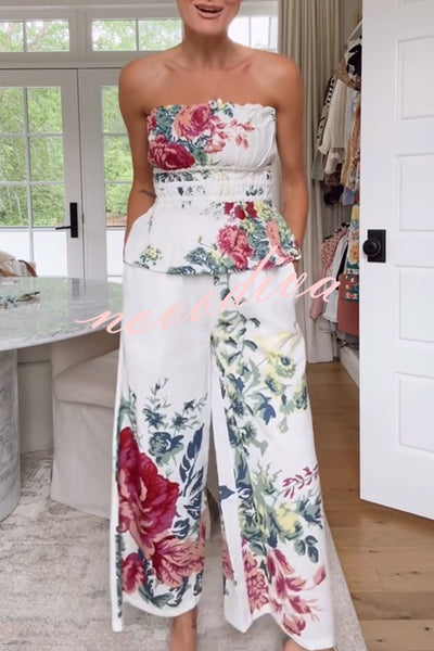 In To The Summer Linen Blend Floral Print Elastic Bandeau and Elastic Waist Pocket Loose Pants Set