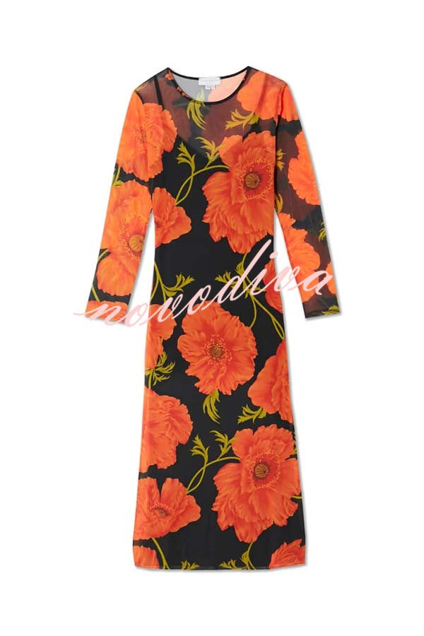 Perfect Cross-season Mesh Poppy Flower Print Long Sleeve Stretch Maxi Dress