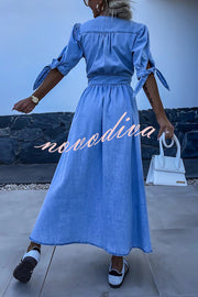 Solid Color V-neck Button-down Denim Midi Dress