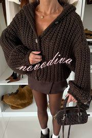 Warm Day Knit Button Up Long Balloon Sleeve Hooded Loose Cardigan