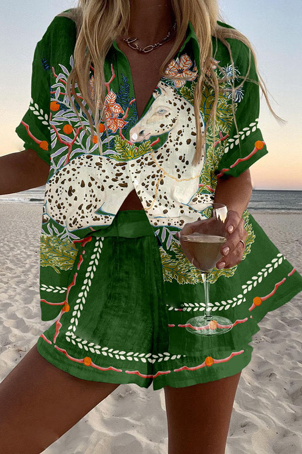 Spotted Horse Print Loose Button Elastic Waist Shorts Set