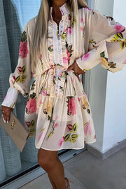 Sunset and Dreams Floral Print Subtle Tuck Lantern Sleeve Belt Mini Dress