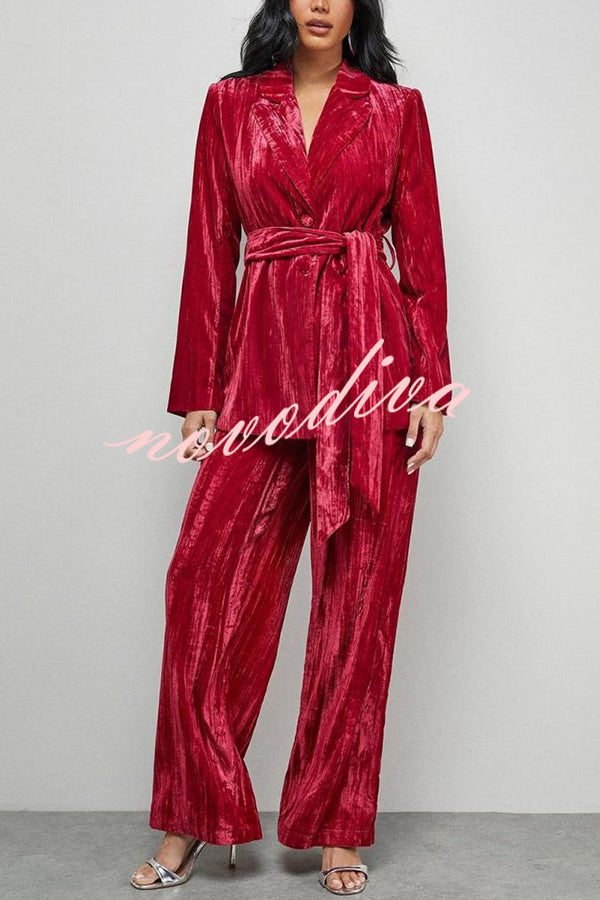 Solid Color Velvet Long-sleeved Waist Tie Top and Elastic Waist Casual Pocket Straight-leg Pants Set