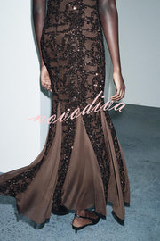 Twilight Gleam Sequin Textured Tulle Hem Halter Backless Maxi Dress