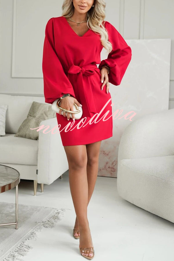 Holiday Gatherings V-neck Long Balloon Sleeve Tie-up Waist Loose Mini Dress