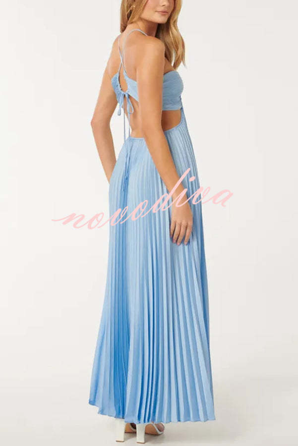 Caught Your Eyes Satin Pleated Cross Straps Cutout Flowing Maxi Dress