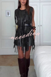 Modern Times Faux Leather Layered Tassel Design Sleeveless H-line Mini Dress