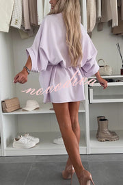 Solid Color Loose Round Neck Belted Mini Dress