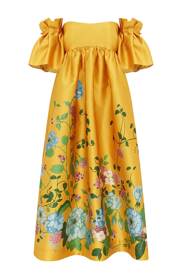 Sweetest Marigold Print Gathered Sleeve Pocketed A-line Midi Dress