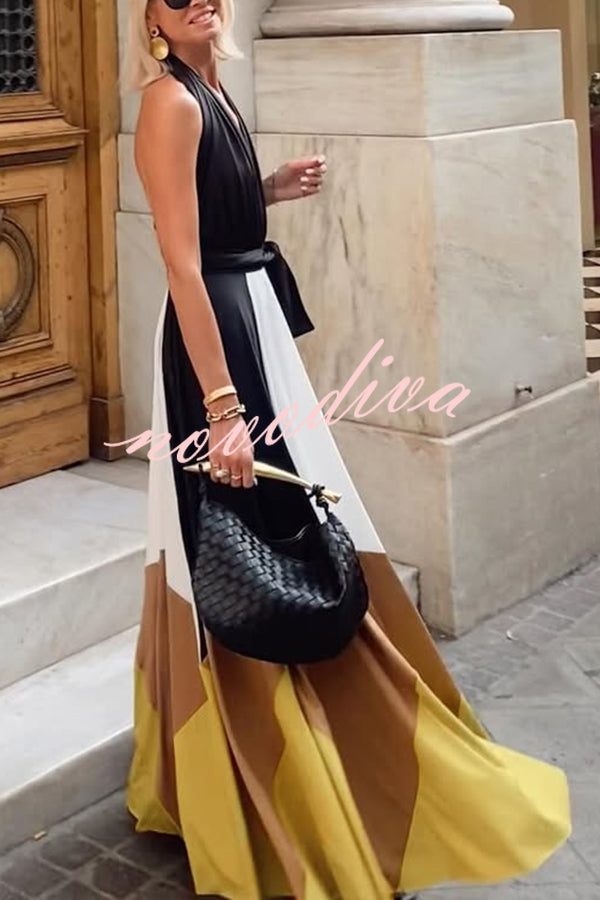 Fashion Colorblock Sexy Backless Tie Waist Full Hem Maxi Dress