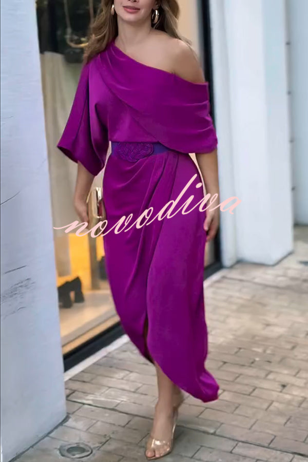 Whispered Yes Satin Irregular Lapel Neckline Design Ruched Maxi Dress