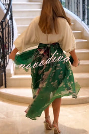 Tessy Batwing Sleeve Top and Floral Elastic Waist Pearls Detail High Low Midi Skirt Set
