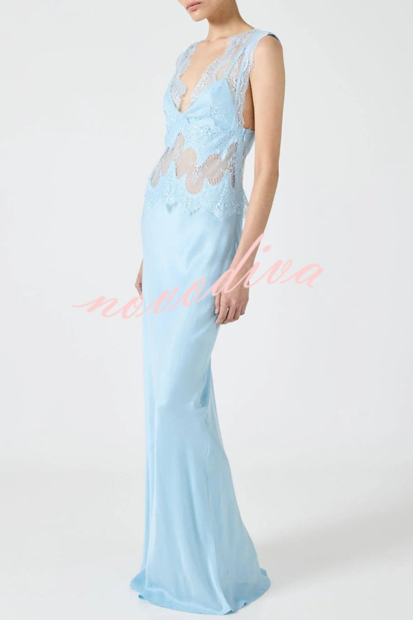 Wonderful Fusion Satin Lace Trim See-through Waist V-neck Drape Maxi Dress