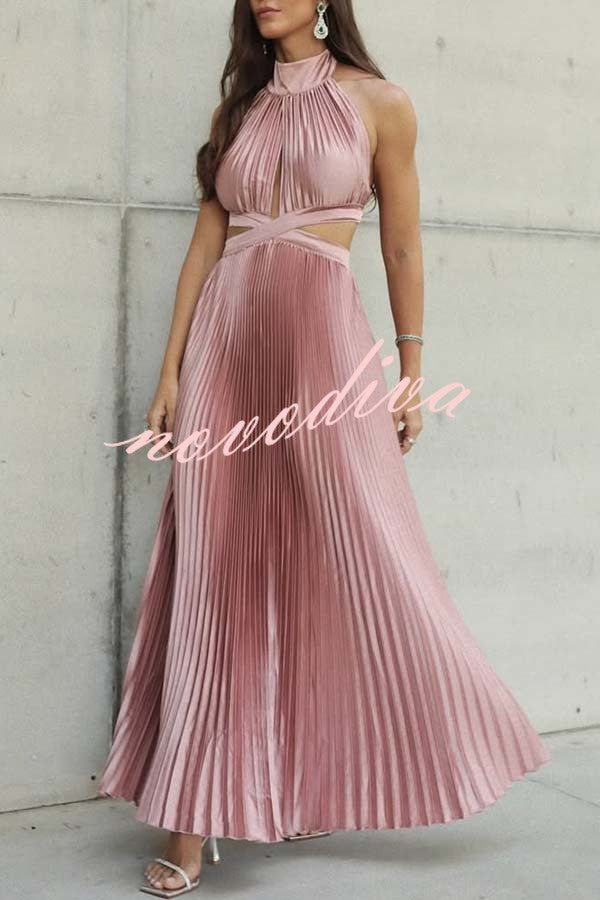 Stunning Choice Satin Pleated Halter High Neck Cutout Waist Backless Maxi Dress