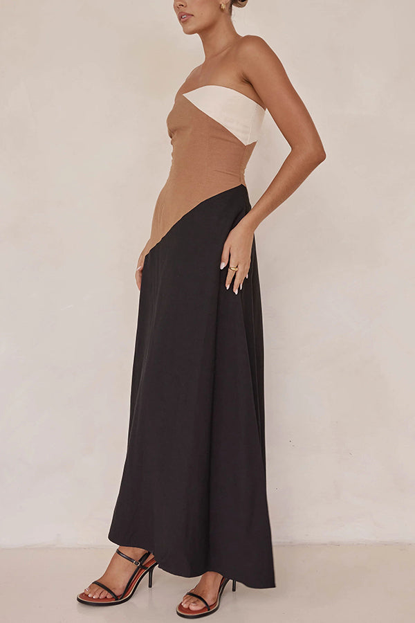 Calissa Asymmetrical Colour Block Strapless Pocketed A-line Maxi Dress