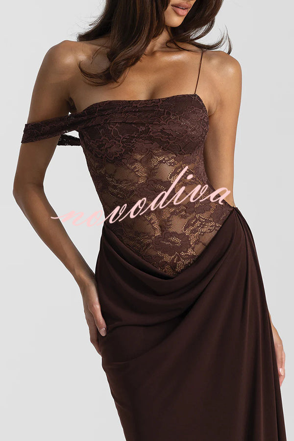 Sexy See-Through Lace Suspender Slim Slit Maxi Dress