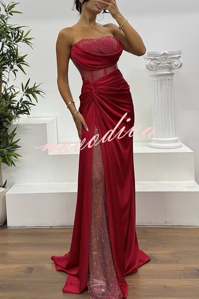 Essie Satin Rhinestone Patchwork Twist Waist Strapless Slit Maxi Dress