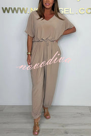 Solid Color V-neck Short-sleeved Waist-tied Loose Casual Jumpsuit