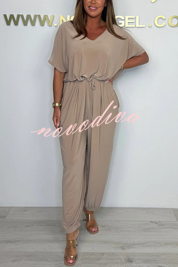 Solid Color V-neck Short-sleeved Waist-tied Loose Casual Jumpsuit