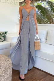 Striped Print Sleeveless Long Casual Top and Loose Straight Pants Set