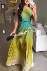 Fashionable Backless Tie Elegant Gradient Pleated Maxi Dress