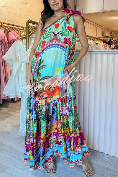 Queens of Creation Unique Print One Shoulder Tie-up Pocketed Loose Maxi Dress