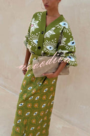Mysterious Magic Knit Eye Heart Pattern Button Up Long Sleeve Loose Cardigan