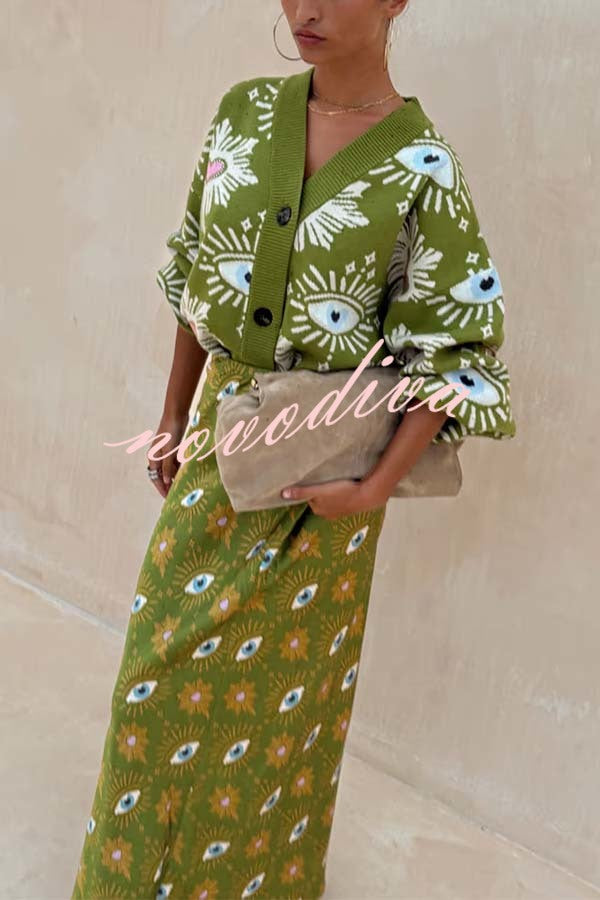 Mysterious Magic Knit Eye Heart Pattern Button Up Long Sleeve Loose Cardigan