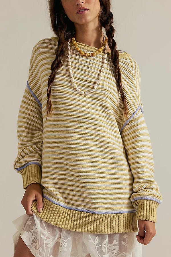 Striped Knit Loose-fitting Crew Neck Long-sleeved Casual Sweater