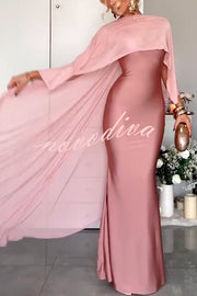 Party Charm Satin Sheer Chiffon High Low Cape Slip Maxi Dress