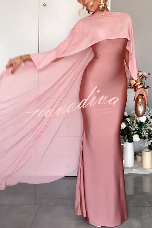 Party Charm Satin Sheer Chiffon High Low Cape Slip Maxi Dress