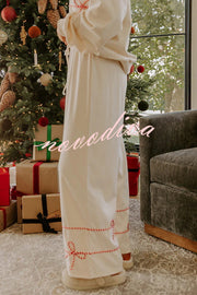 Candy Cane Cutie Loose Bow Tie Long-Sleeved Sweatshirt and Elastic Waist Pocket Pants Set