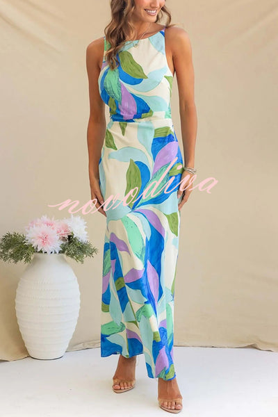 Botanical Print Sexy Sleeveless Open Back Maxi Dress