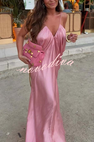 Venus Satin V-neck Draped Pleated Slip Loose Maxi Dress
