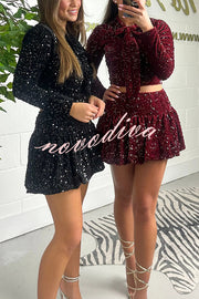 Solid Velvet Sequined Long Sleeve Tie Top and Seersucker Mini Skirt Set