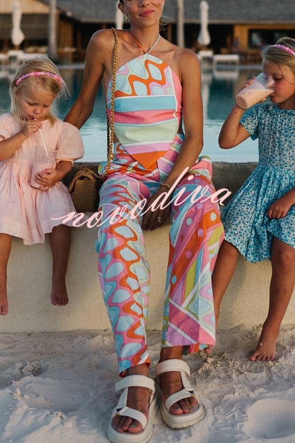 Kathy Unique Print Halter Scarf Tank and Elastic Waist Pocket Loose Pants Set