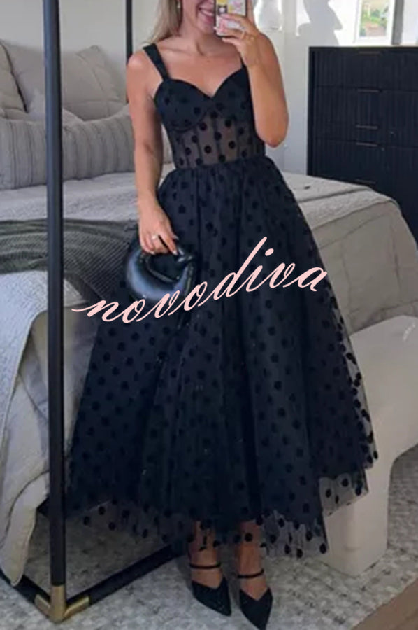 polka dot net bustier a line midi dress Mac Duggal Women's Polka Dot Net Bustier A-Line Midi Dress