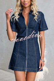 Street Chic Denim Shirt Neck Front Zip-up Stretch Mini Dress