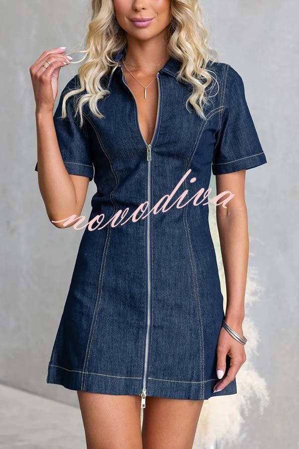 Street Chic Denim Shirt Neck Front Zip-up Stretch Mini Dress