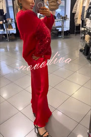 Celebration Day Sequin Patchwork Loose Sweatshirt and Satin Elastic Waist Maxi Skirt Set