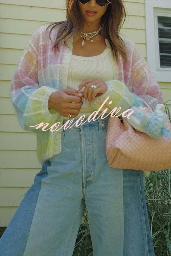 Palette Day Knit Color Blocks Open Front Balloon Sleeve Loose Cardigan