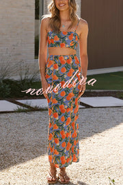 Linen Blend Summer Fruit Print Camisole Top and Elegant Lace Back Slit Maxi Skirt Set