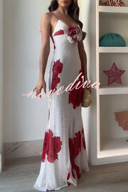 Vanna Poka Dot Floral Print 3D Flower Detail Slip Maxi Dress