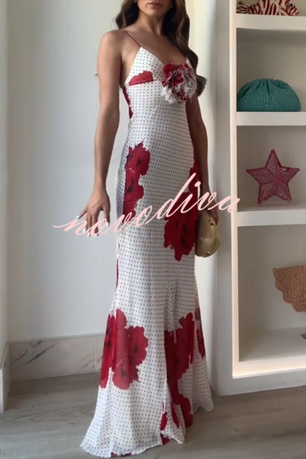 Vanna Poka Dot Floral Print 3D Flower Detail Slip Maxi Dress